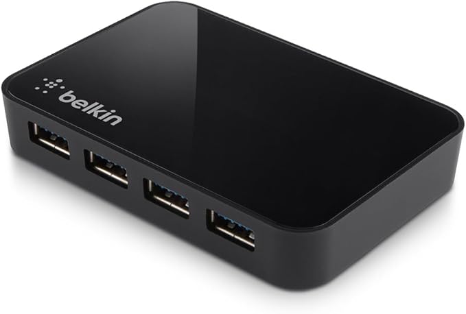 Belkin 4-Port USB 3.0 Hub – SuperSpeed Powered Station with 5 Gbps Data & Charging, Compact Desktop Adapter for Laptops, iPhone Chargers, Printers, Storage Devices – Black