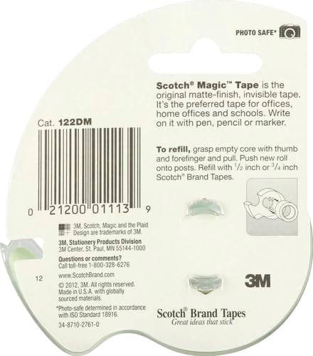 Scotch Magic Tape, 1 Roll, Numerous Applications, Invisible, Engineered for Repairing, 3/4 x 650 Inches, Dispensered (122) (Pack of 2)