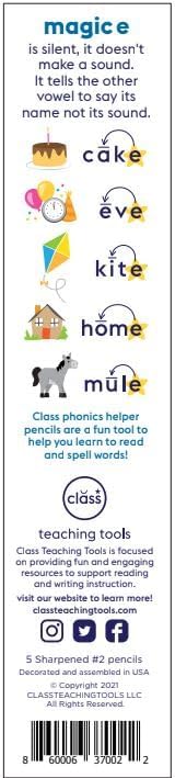 Magic E- Set of Educational Phonics Pencils-Long Vowel Silent E- Learn to Read Tool for Kids, Visual Phonics Aid for Spelling and Reading, Great for Teachers, Parents & Tutors
