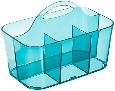 mDesign Plastic Portable Craft Storage Organizer Caddy Tote, Divided Basket Bin w/Handle - Craft, Sewing, Art Supplies - Holds Brushes, Colored Pencils - Lumiere Collection - Dark Aqua Blue Tint