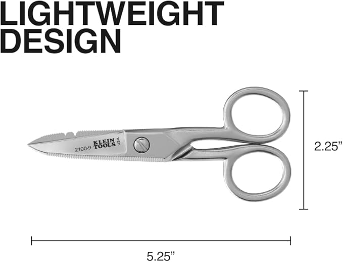 Klein Tools 2100-9 Stainless Steel Electrician Scissors, Made in USA, 5.25-Inch Free-Fall Handle Snips, Stripping Notches, Non-Slip Serrated Blade