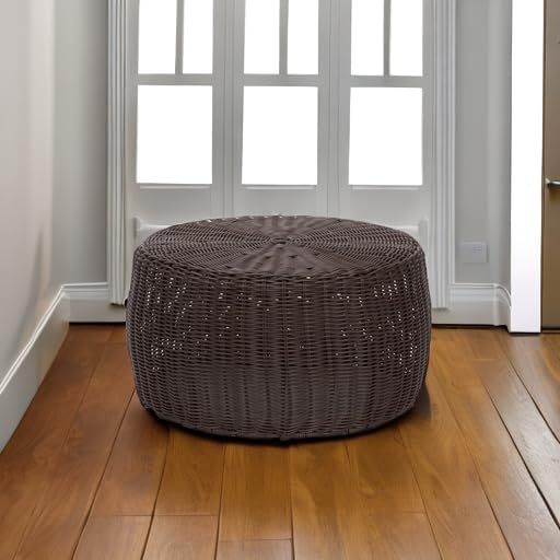 Household Essentials Handwoven Resin Storage Stool Ottoman, 16" Dia. x 9" H, Brown