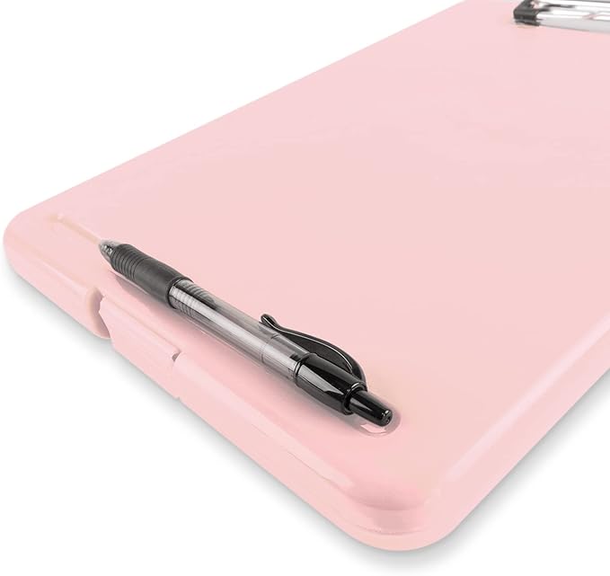 Clipboard with Storage Slim Folding for Nursing, Teachers, Coaches & Office, Plastic Heavy Duty with Pen Holder (9.5” x 13.5”) (Light Pink)