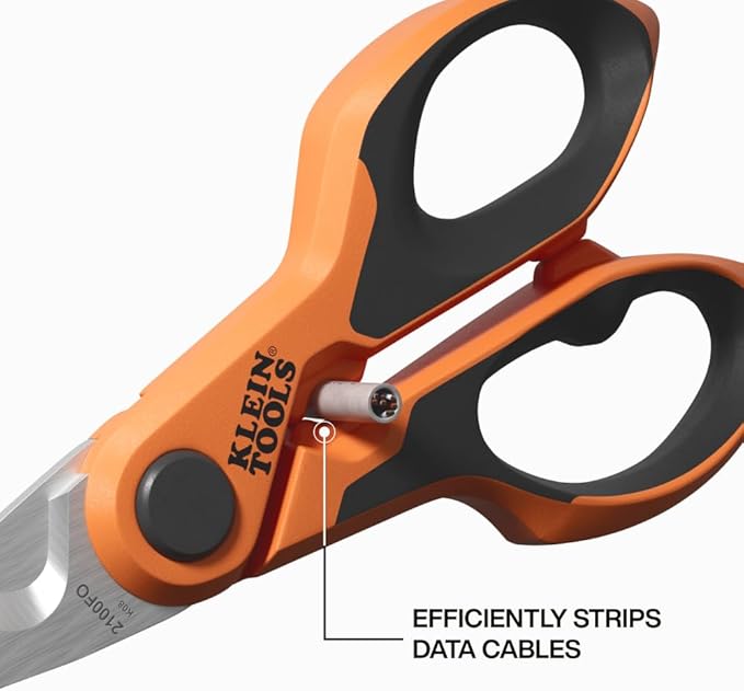 Klein Tools 2100FO Stainless Electrician Scissors with Serrated Blade and Cable Stripper, Compact Shears for Wire and Cable Cutting, 6-Inch