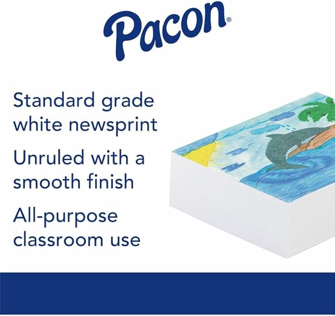 Pacon Plain White Newsprint Paper, 18" x 24", Pack of 500 Sheets