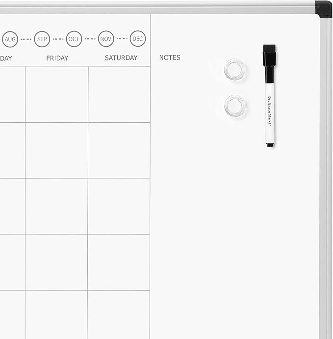 Amazon Basics 24" x 36" Monthly Whiteboard Calendar with Cork Board, Wall Mounted, Easy to Install, Silver Aluminum Frame, Erasable Planning Organization
