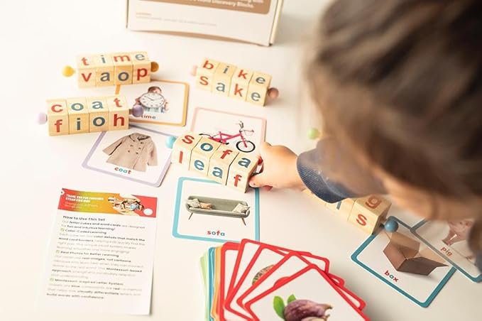 Montessori Reading Blocks & Flash Cards Set – Learn to Read CVC Word Games for Toddlers 2-4 – Short Vowel Spinning Rods, Phonics Toys, Reading Montessori Toys for 4 Year Old for Preschool & Homeschool