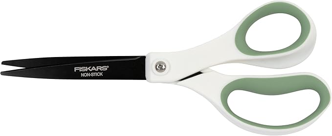 Fiskars Everyday Fashion Scissors, 8" Non-Stick Stainless Steel Blades, White and Green, Cuts Sticky Materials Like Tape and Glue