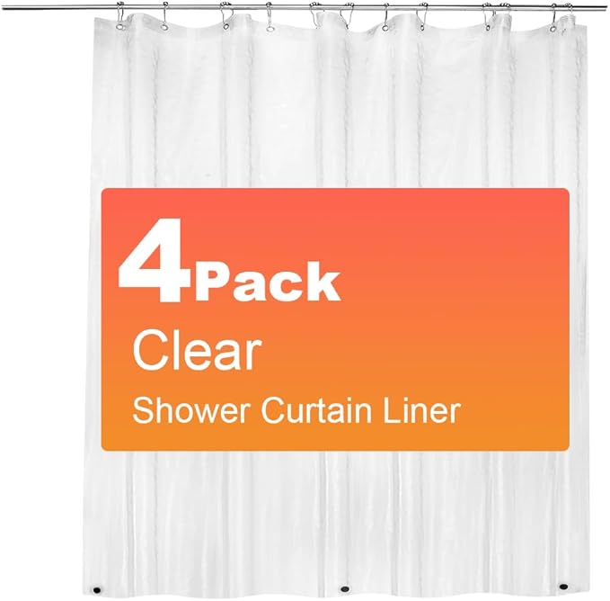 4 Pack PEVA Plastic Shower Curtain Liner Premium Light Weight 72" x 72" Clear Bathroom Shower Showroom Curtain Liner with Rustproof Metal Gromments and Weighted Magnet
