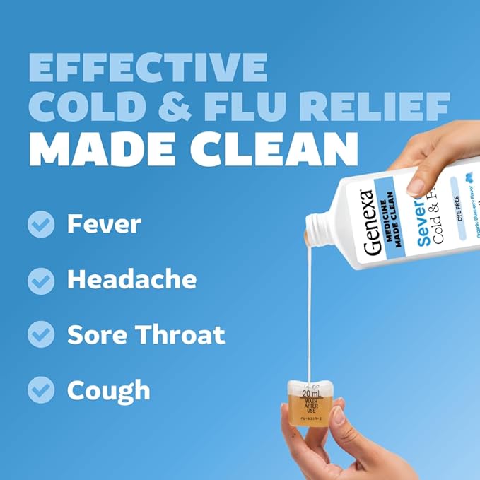 Genexa Clean Cold & Flu Relief, Dye Free, 0% Artificial Additives, Severe Daytime Medicine for Body Pain, Cough, Cold and Flu, Headache, Fever, Chest Congestion, Organic Blueberry Flavor, 6 fl oz