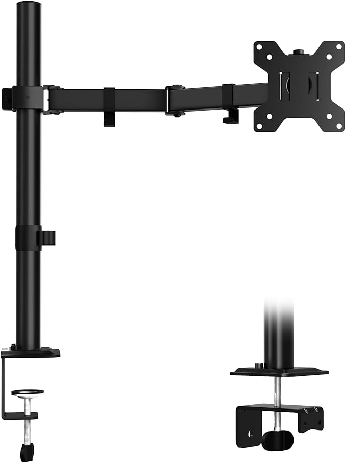 ERGOMAKER Single Monitor Mount for Desk, Monitor Stand Fits 13" to 27" LCD Screens, Fully Adjustable Display Arm with C-Clamp and Grommet Base, VESA 75x75 100x100mm, Black