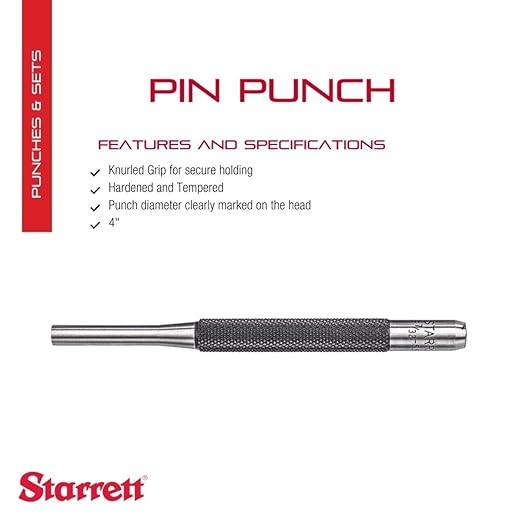 Starrett Drive Pin Punch with Knurled Grip for Driving Pins Into or Out of a Workpiece - Hardened and Tempered Steel, 4" Length, 7/32" Punch Diameter - 565F