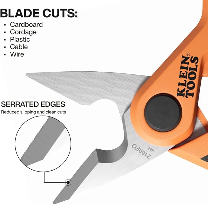 Klein Tools 2100FO Stainless Electrician Scissors with Serrated Blade and Cable Stripper, Compact Shears for Wire and Cable Cutting, 6-Inch
