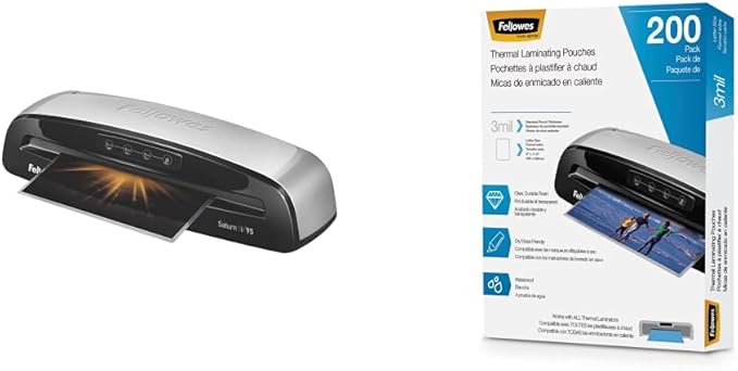 Bundle of Fellowes Saturn 3i 95 Thermal Laminator Machine with Self-Adhesive Laminating Pouch Starter Kit, 9.5 inch + Fellowes Thermal Laminating Pouches, 3mil Letter Size Sheets, 9 x 11.5, 200 Pack