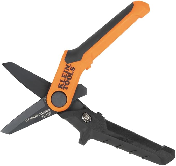 Klein Tools T2107 Titanium Coated Utility Scissors, Compact, Stainless Steel Shears, Serrated Blades, Cuts Heavy-Duty Materials, 7-Inch