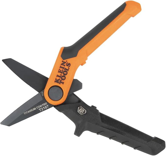 Klein Tools T2107 Titanium Coated Utility Scissors, Compact, Stainless Steel Shears, Serrated Blades, Cuts Heavy-Duty Materials, 7-Inch