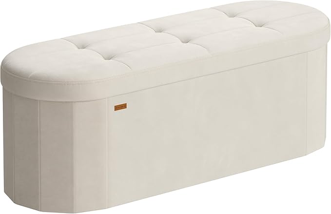 SONGMICS Mazie Collection - Folding Ottoman with Storage, Oval Storage Ottoman Bench, for Living Room, Bedroom, Velvet Fabric, 15 x 43 x 15 Inches, Cream White ULSF297LH01