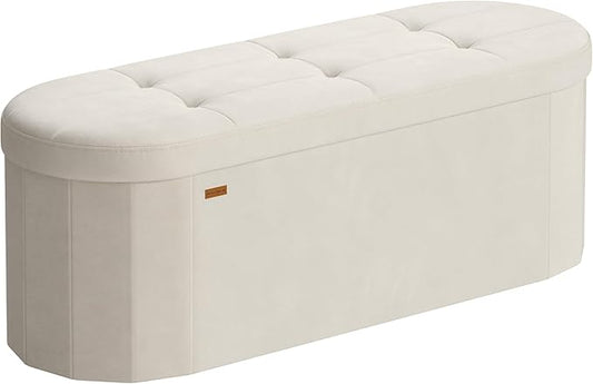SONGMICS Mazie Collection - Folding Ottoman with Storage, Oval Storage Ottoman Bench, for Living Room, Bedroom, Velvet Fabric, 15 x 43 x 15 Inches, Cream White ULSF297LH01