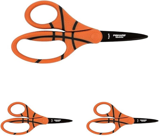Fiskars 5" Pointed-Tip Scissors for Kids 4-7 with Non-Stick Blades - Scissors for School or Crafting - Back to School Supplies - Basketball (Pack of 3)