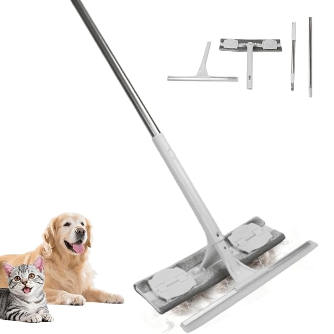 Small-Sized Clip-On Pet Hair Mop - Electrostatic Adsorption for Loose Hair&Dust,with Removable Plastic Scraper,2 Reusable Electrostatic Pet Hair Pads+1 Fiber Cleaning Pad, Works on All Smooth Floors