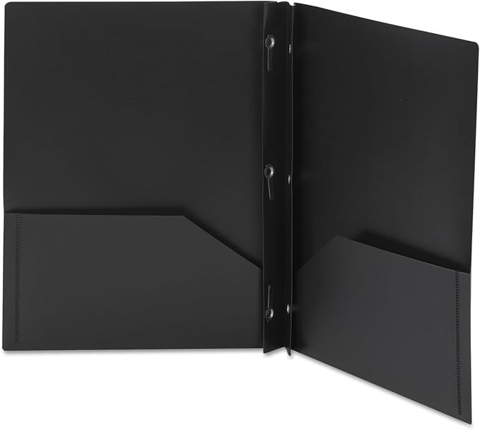 Smead Poly Two-Pocket Folder, Three-Hole Punch Prong Fasteners, Letter Size, Black, 3 per Pack (87725)