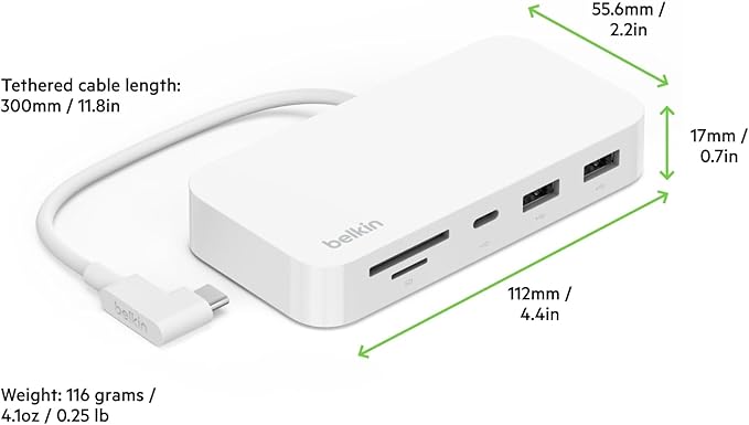 Belkin USB-C 6-in-1 Multiport Hub with Mount, USB-C Docking Station with MicroSD Card Reader, Powered USB Hub, Compatible with MacBook, Chromebook, iMac, PC, and Other USB-C Devices - White