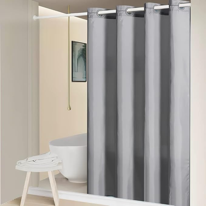Furlinic Extra Long No Hook Shower Curtain 96 Length,Soft Fabric Bathroom Curtains,Waterproof & Machine Washable,10 Built-in Plastic Grommets,Light Gray,78x96 Inch