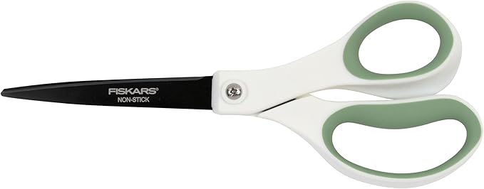 Fiskars Everyday Fashion Scissors, 8" Non-Stick Stainless Steel Blades, White and Green, Cuts Sticky Materials Like Tape and Glue