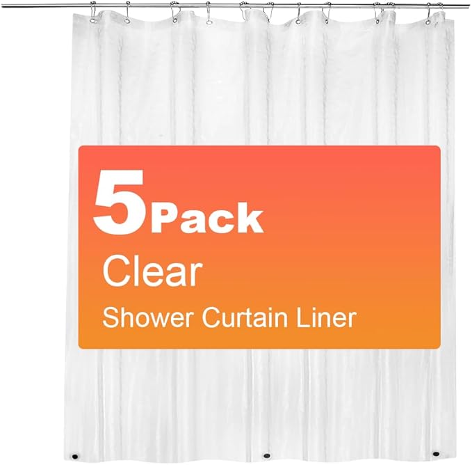 5 Pack PEVA Plastic Shower Curtain Liner Premium Light Weight 72" x 72" Clear Bathroom Shower Showroom Curtain Liner with Rustproof Metal Gromments and Weighted Magnet