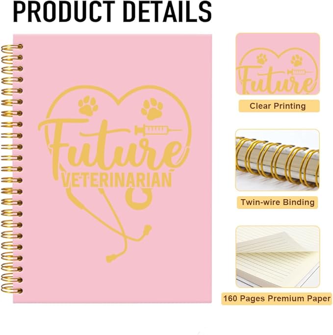 Future Veterinarian Pink Gold Spiral Horizontal Lines Notebook, Funny Paw Silhouettes Journal Gifts for Future Veterinary Nurse Vet Assistant Animal Lover, Grad Gifts for Veterinary Tech Student