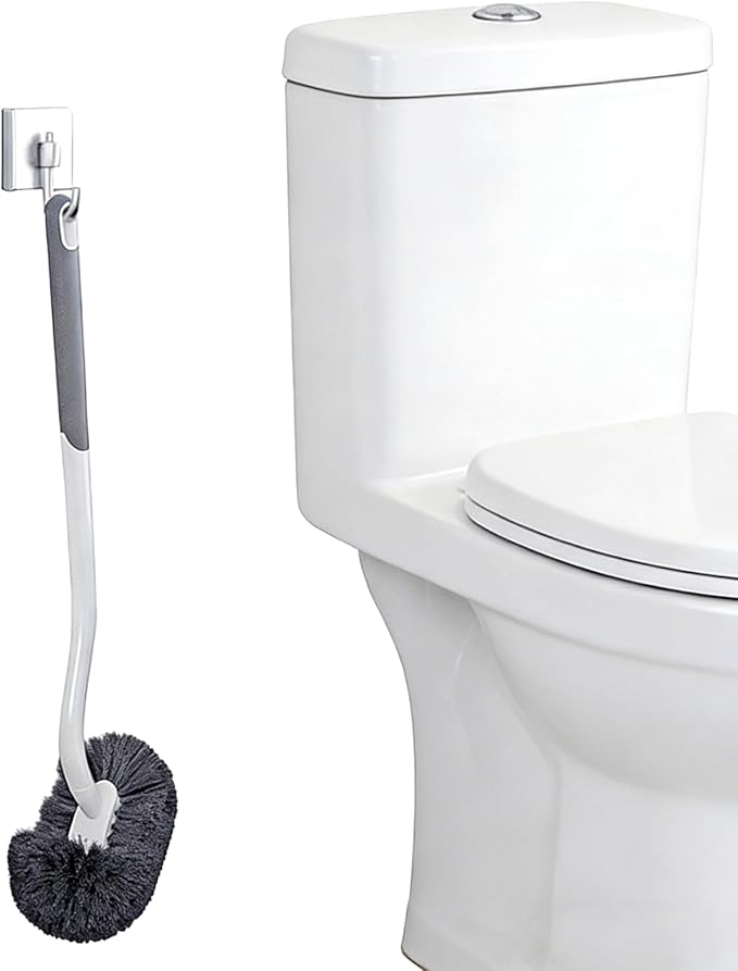 Modern Curved Toilet Brush with Wall Mount, White Handle with Gray Bristles, Long-Handled Design for Deep Cleaning, No-Stain Bathroom Cleaning Cleaning Brush，Soft Fur Toilet Brush，Plastic Material