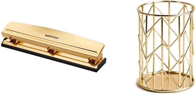 Bostitch Office 3 Hole Punch,12 Sheet Capacity,Durable Metal,Gold Chrome,Rubber Base & U Brands Pencil Cup,Wire Metal,Gold - 897U06-24,4.13" H,3.11" D