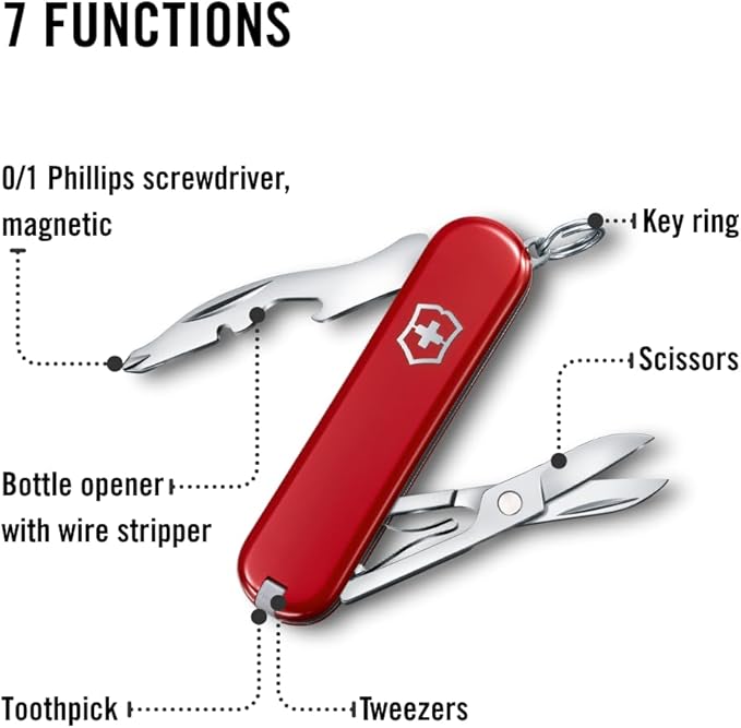 Victorinox Jetsetter Swiss Army Knife, Compact 7 Function Swiss Made Pocket Knife with Scissors, Magnetic Phillips Screwdriver and Key Ring – Red