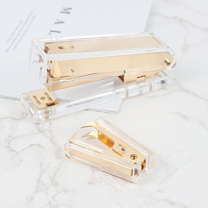 1 Pack Gold Staple Remover Clear Acrylic Golden Glitter Metal Jaws Staples Puller Removal Tool for Home Office School Supplies Desktop Accessories (1)