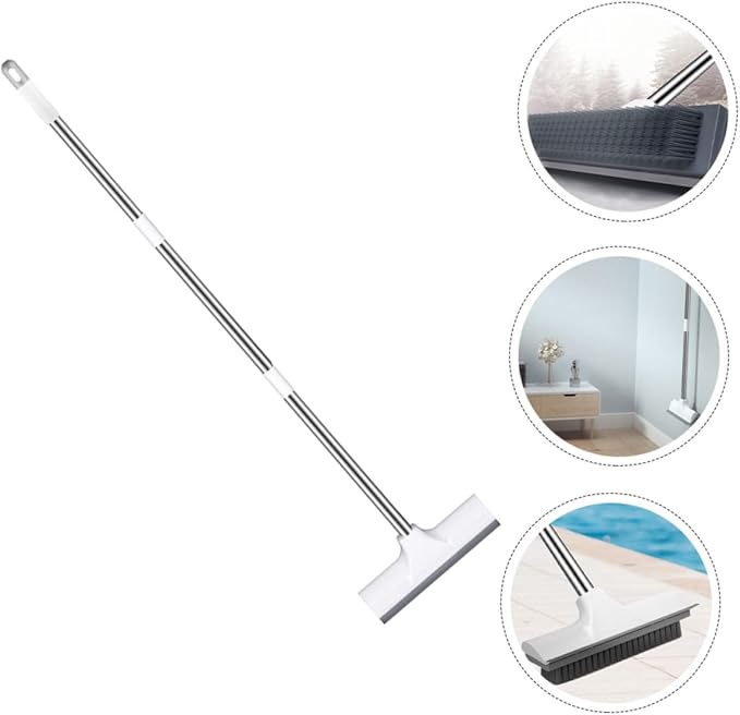Extendable Long Handle Floor Scrubbing Brush with Stiff Bristles for Bathroom Tile Deck Hard Floor Cleaning and Scraper Dual-use Wide Area Efficient Scrub for Bathtub and Shower