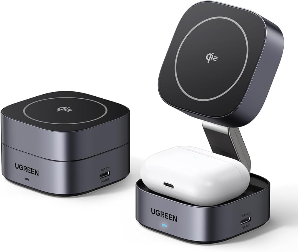 UGREEN MagFlow Qi2 Magnetic Foldable Charging Station, 2-in-1 Fast Wireless Charger Compatible with iPhone 17/17 Air/17 Pro/17 Pro Max 16 15 14 13 12, Airpods3 2 Pro (No AC Adapter), Dark Grey