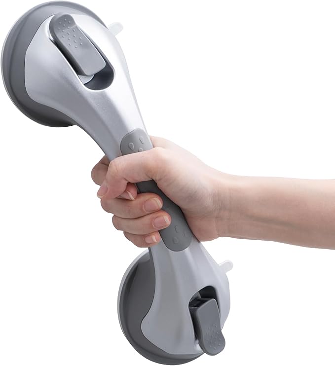 LEVERLOC Shower Grab Bar, 12 Inch Suction Grab Bars for Bathtubs, Shower Handle Handrail for Seniors Bathroom Safety Grip for Elderly, Heavy Duty No Drilling Removable,Silver
