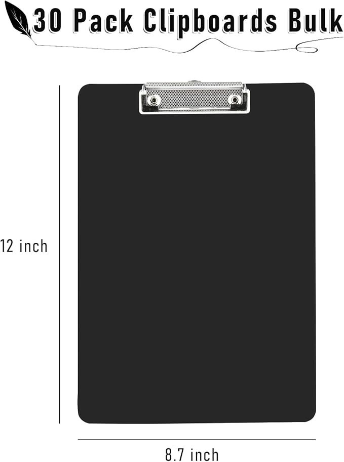 MIVIDE 30 Pack Black Clipboards, Black Plastic Clipboards, Plastic Office Clipboard 12 x 8.7 Inch Letter Size for Classroom, Teacher, School, Home, Office Supply