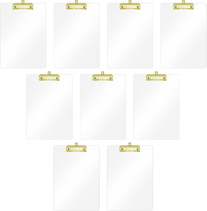 Honagu Acrylic Clear Clipboards, 8.5x11 Plastic Clipboard with Gold Strong Clip Hidden Hanging Hole, A4 Letter Size Clipboards for Nurses, Doctors, Art Student, Teachers,School & Office Supplies, 9PC