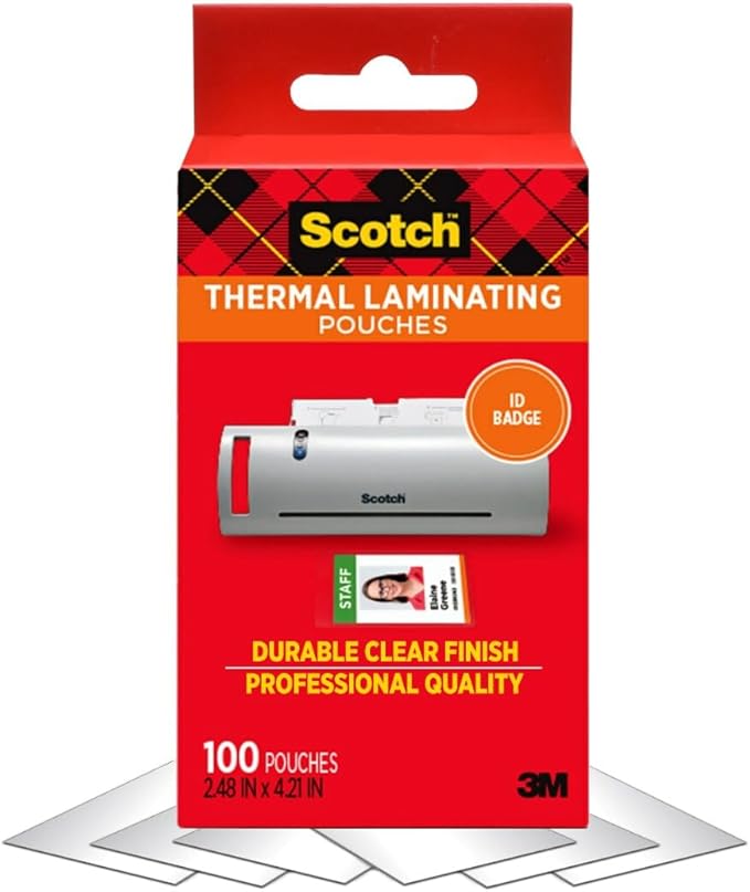 Scotch Thermal Laminating Pouches, 100 Count, Clear, 5 mil., Laminate Business Cards, Banners and Essays, Ideal Office or School Supplies, ID Card Sized (2.4 in. × 4.2 in.) Paper