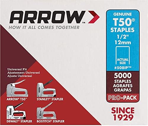 Arrow 508IP Heavy Duty T50 1/2-Inch Staples for Upholstery, Construction, Furniture, Crafts, 5000-Pack
