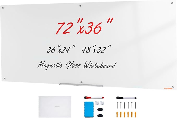 VEVOR Magnetic Glass Writing Board, Erasable 72"x36" Surface, Frameless Wall Installation, Includes Marker Holder, a Cleaning Tool, and 2 Writing Pens, White