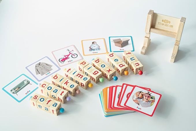 Montessori Reading Blocks & Flash Cards Set – Learn to Read CVC Word Games for Toddlers 2-4 – Short Vowel Spinning Rods, Phonics Toys, Reading Montessori Toys for 4 Year Old for Preschool & Homeschool