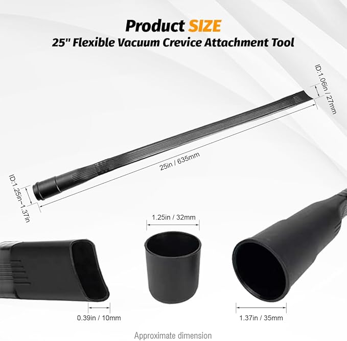 Universal 25" Long Flexible Crevice Tool Vacuum Attachment with Removable Brush Head For All 1-1/4 in or 1-3/8 inch Connector Hoses Helps Clean Cobwebs on the ceiling, Dryer Lint, Under Furniture