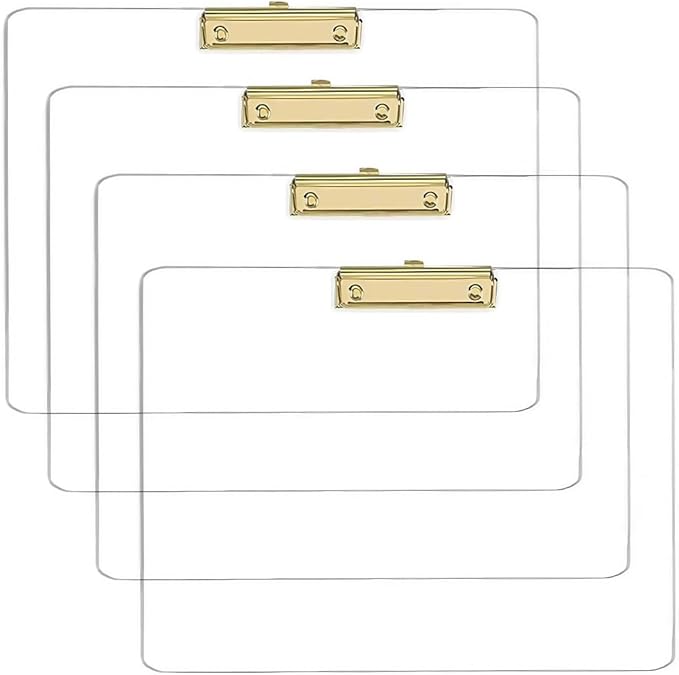 JIARI 4 Pack Clear Acrylic Office Clipboard A4 Letter Size 9.06" x 12.6" (Gold Horizontal 4 Pack)