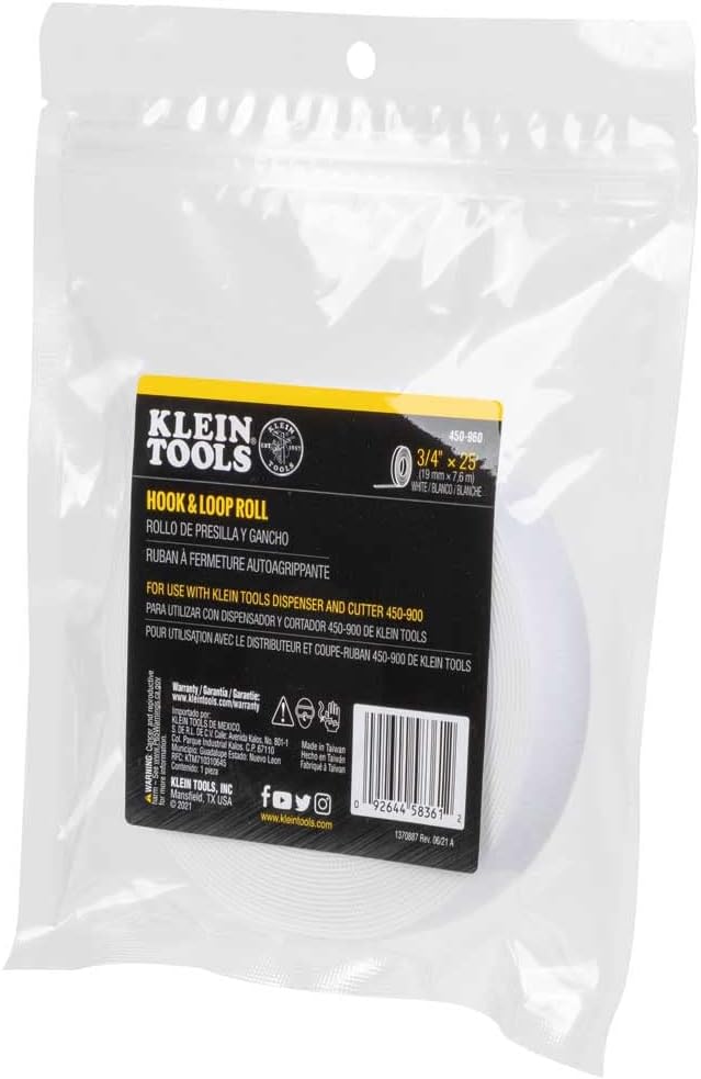 Klein Tools 450-960 Cable Management, Replacement Tape Roll for Klein's Hook and Loop Dispenser, 25-Foot x 3/4-Inch, White