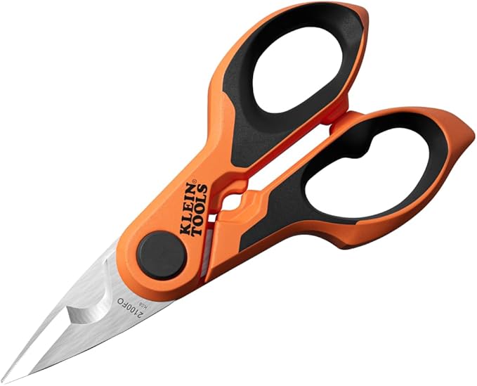 Klein Tools 2100FO Stainless Electrician Scissors with Serrated Blade and Cable Stripper, Compact Shears for Wire and Cable Cutting, 6-Inch
