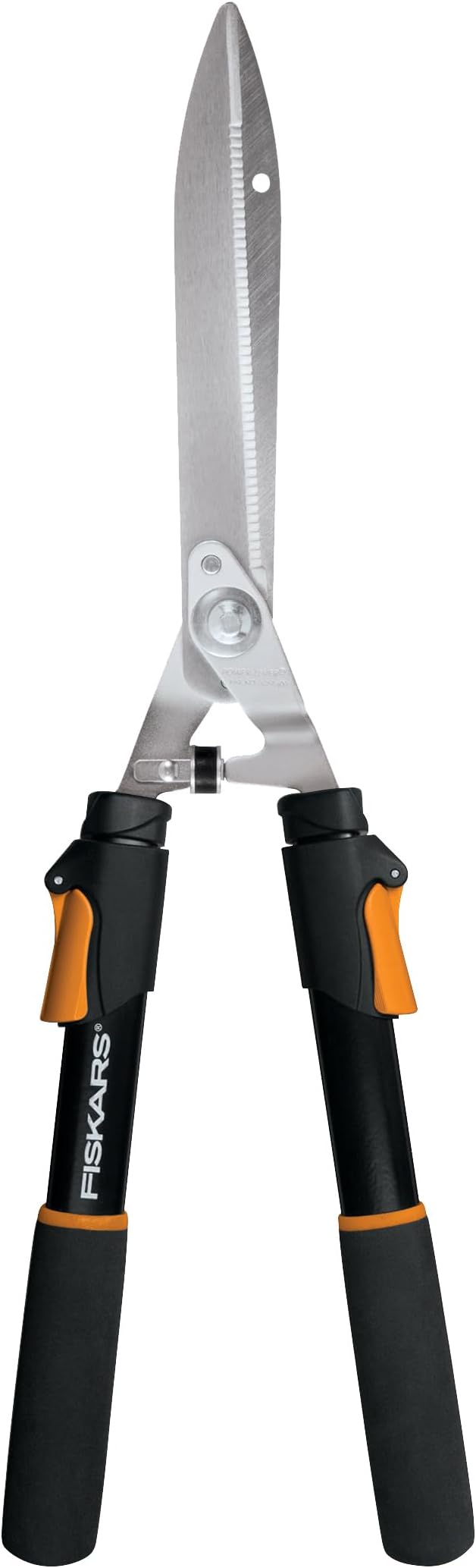 Fiskars Power-Lever Extendable Hedge Shears, Self-Sharpening Serrated Steel Blades for Clean Cuts, Handles Adjust 25"-33" for High Reach, Multiplies Leverage for 2x Power, 10" Blades, Orange/Black