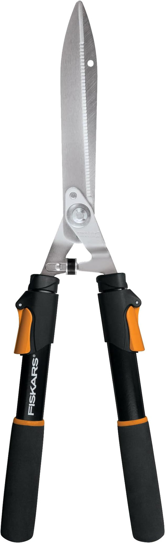 Fiskars Power-Lever Extendable Hedge Shears, Self-Sharpening Serrated Steel Blades for Clean Cuts, Handles Adjust 25"-33" for High Reach, Multiplies Leverage for 2x Power, 10" Blades, Orange/Black