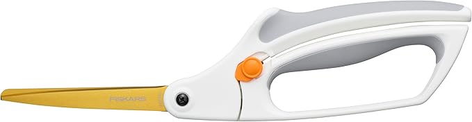 Fiskars Easy Action Titanium Scissors, Spring-Assisted Craft Scissors for Paper and Cardboard, Bent Handle Reduces Hand Fatigue, 8 Inch, White/Yellow